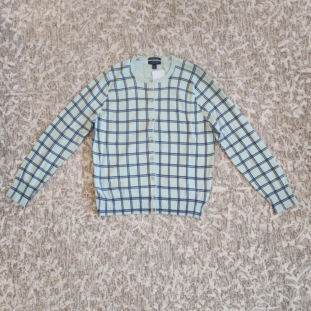 NWT LANDS END LIGHT GREEN BUTTON DOWN CARDIGAN W/BLUE SQUARES - SIZE LARGE